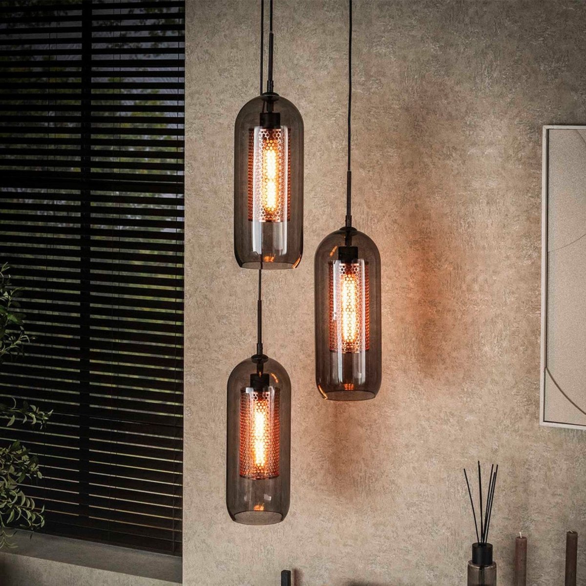 Hängelampe 3-flammig mit Rauchglas und Kupfergitterschirmen, Höhenverstellbar bis 180 cm – Moderne Pendelleuchte für Esstisch 0