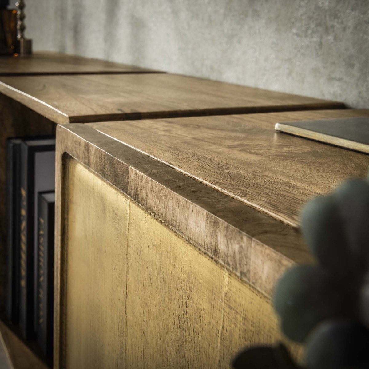 Wandsideboard aus Mangoholz mit Messingfront