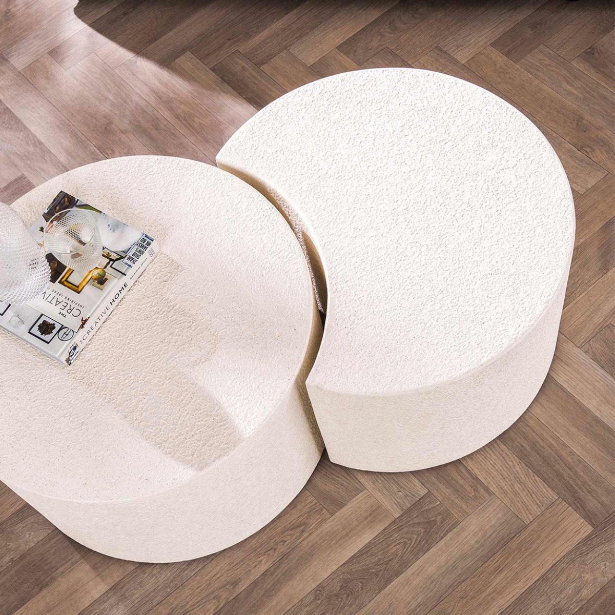 Rundes Couchtisch-Set 2er aus Marmorverbundstoff – Vollmond 60 cm, Halbmond 60 x 41 cm für Wohnzimmer 2