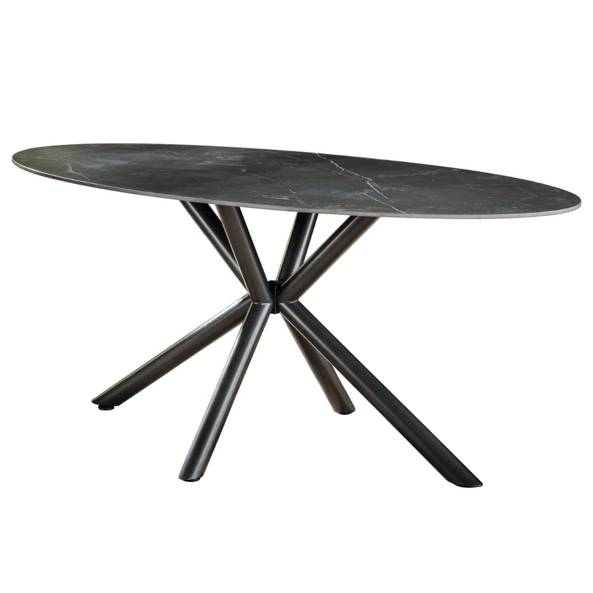 Ovaler Esstisch 180 x 90 cm aus schwarzer Keramik mit Marmor-Effekt – Metallgestell für 6 Personen 2