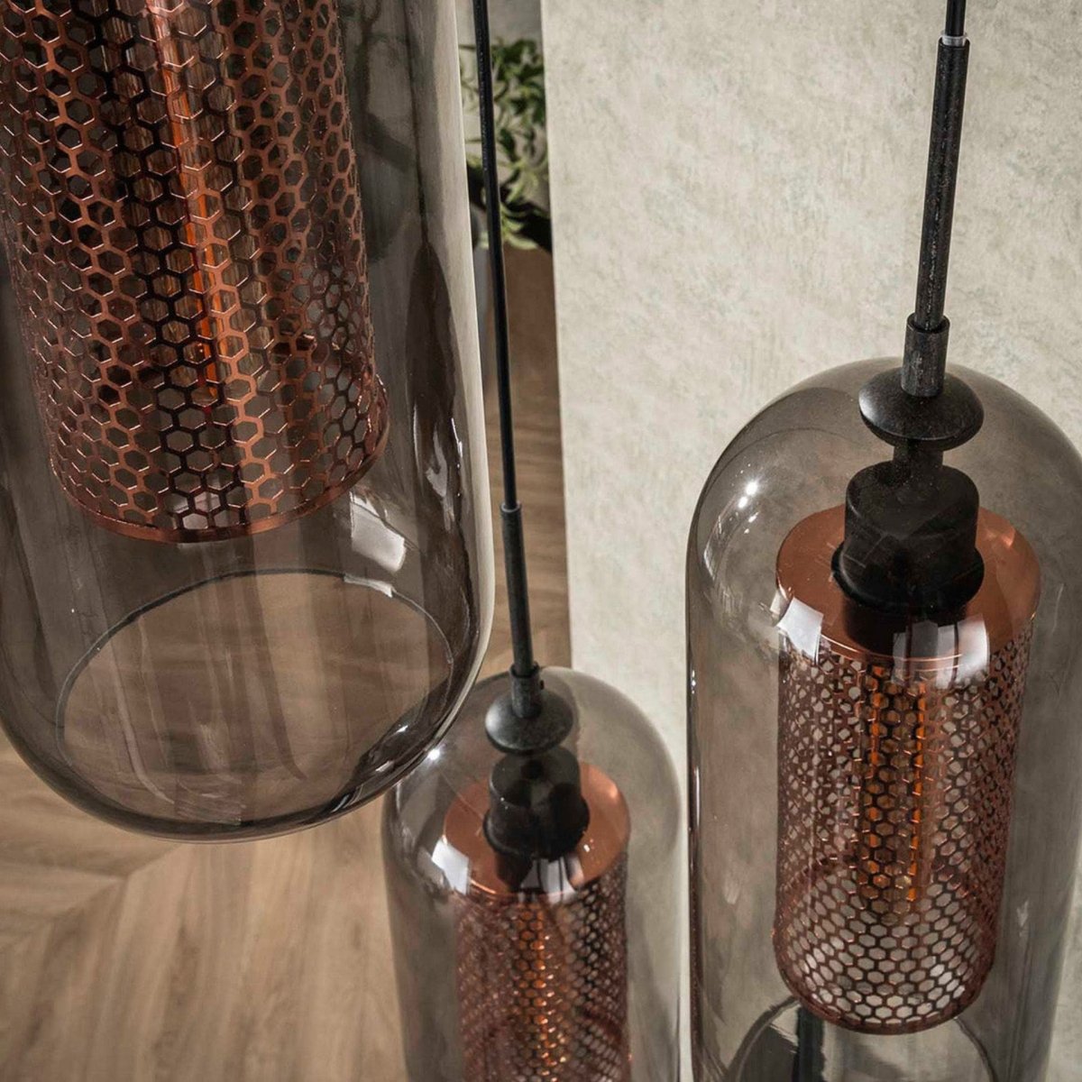 Hängelampe 3-flammig mit Rauchglas und Kupfergitterschirmen, Höhenverstellbar bis 180 cm – Moderne Pendelleuchte für Esstisch 2
