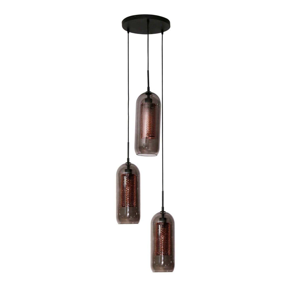 Hängelampe 3-flammig mit Rauchglas und Kupfergitterschirmen, Höhenverstellbar bis 180 cm – Moderne Pendelleuchte für Esstisch 3