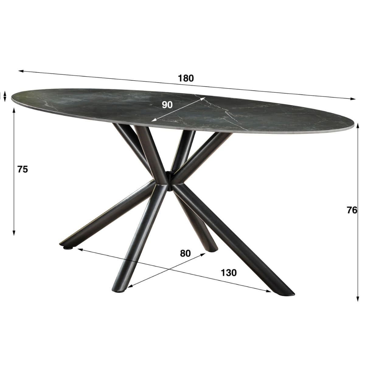 Ovaler Esstisch 180 x 90 cm aus schwarzer Keramik mit Marmor-Effekt – Metallgestell für 6 Personen 3