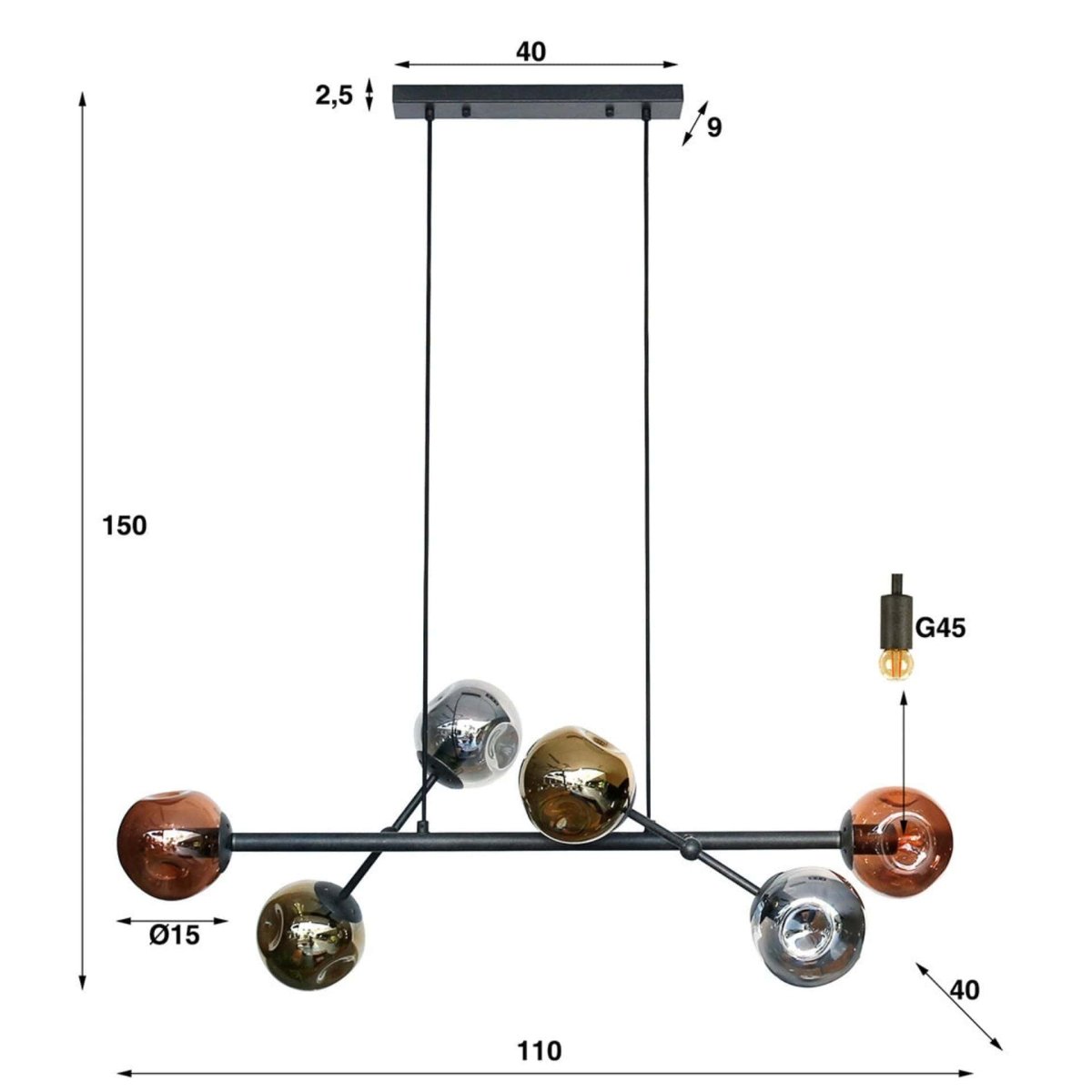 Hängelampe Schwarz 6-flammig Höhenverstellbar bis 150 cm aus Metall und Glas für Esszimmer und Wohnzimmer 4