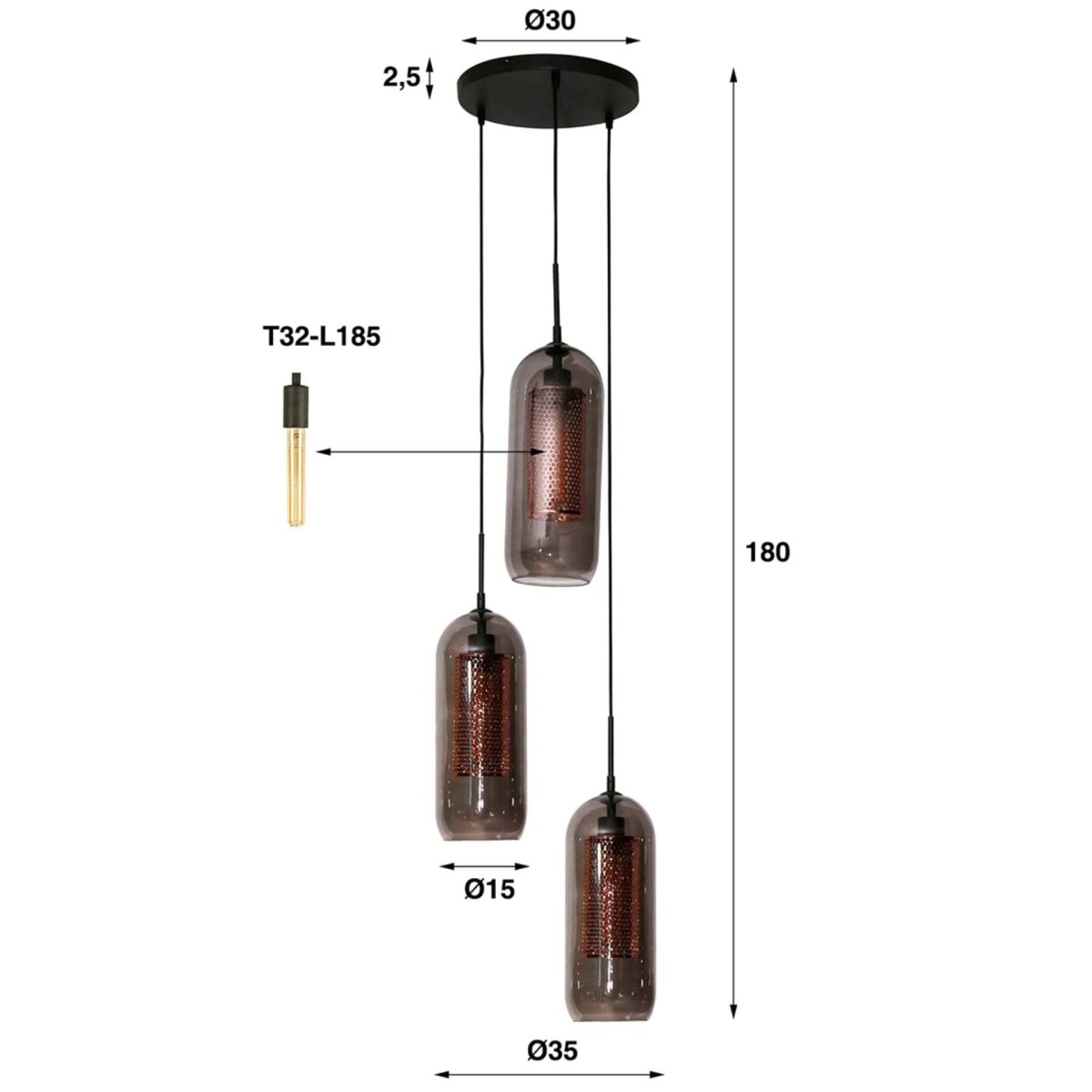 Hängelampe 3-flammig mit Rauchglas und Kupfergitterschirmen, Höhenverstellbar bis 180 cm – Moderne Pendelleuchte für Esstisch 4