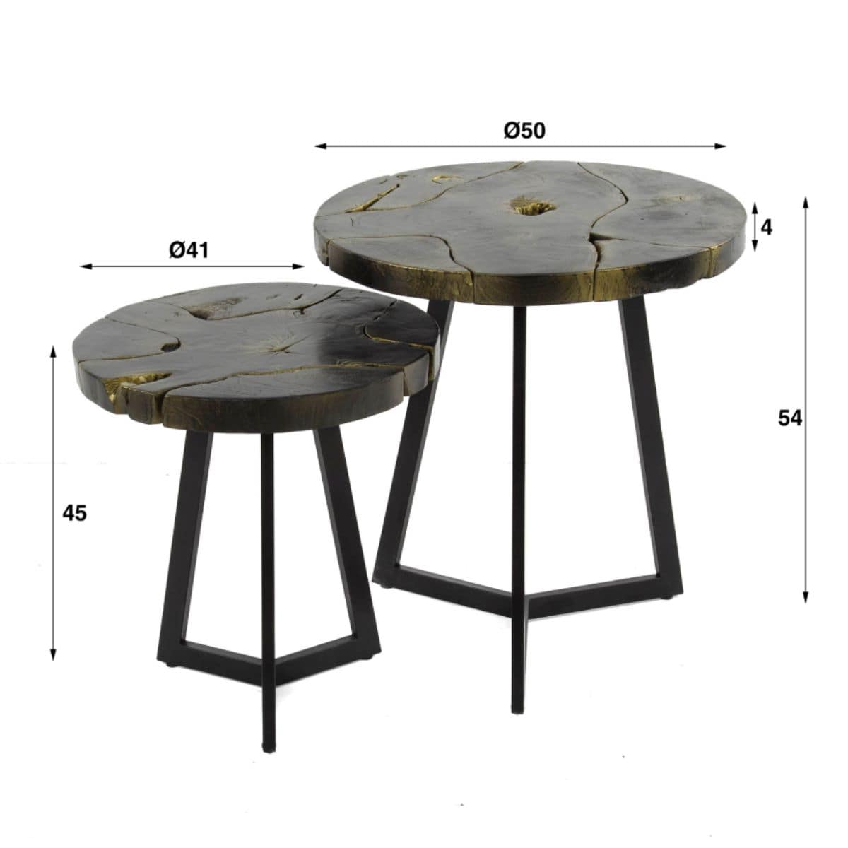 Runder Couchtisch 2er-Set mit Teakholzplatte Ø50/41 cm – Schwarz-goldene Tischplatten & Metallgestell 5
