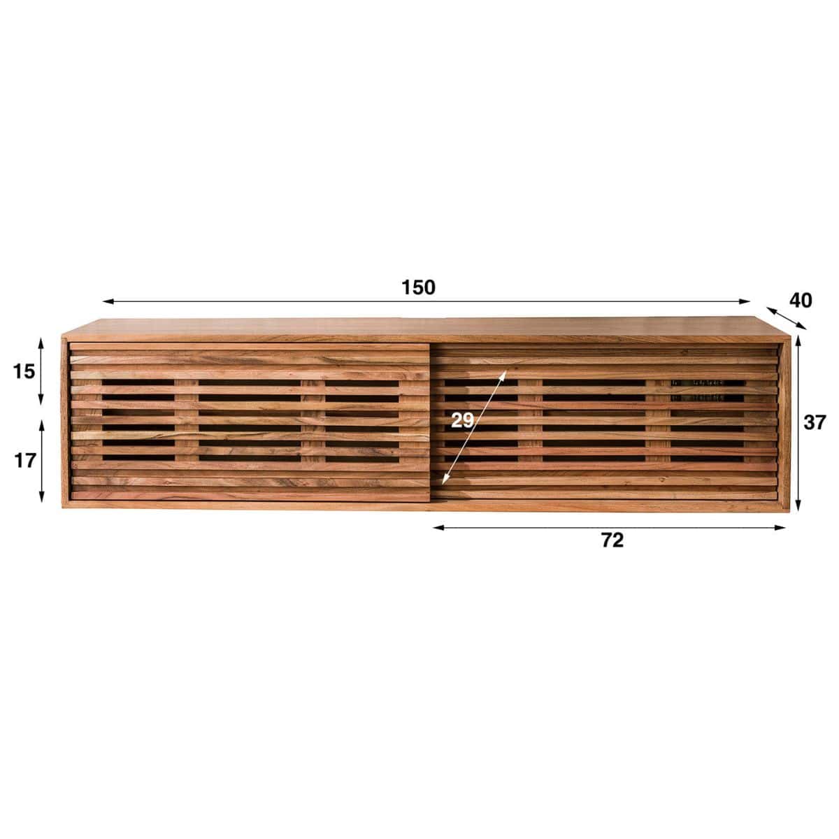 TV Lowboard 150 x 40 x 37 cm aus massivem Akazienholz mit 2 Schiebetüren – Modernes Design, Wandmontage möglich 5