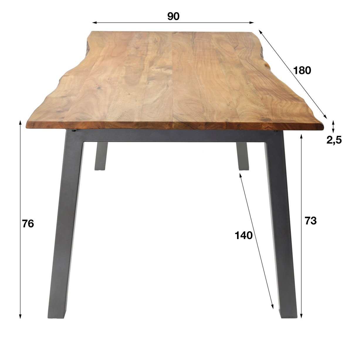Ausziehbarer Esstisch 180 x 90 cm aus Akazienholz – Baumstammform mit U-Rahmen aus Stahl für 6 Personen 5