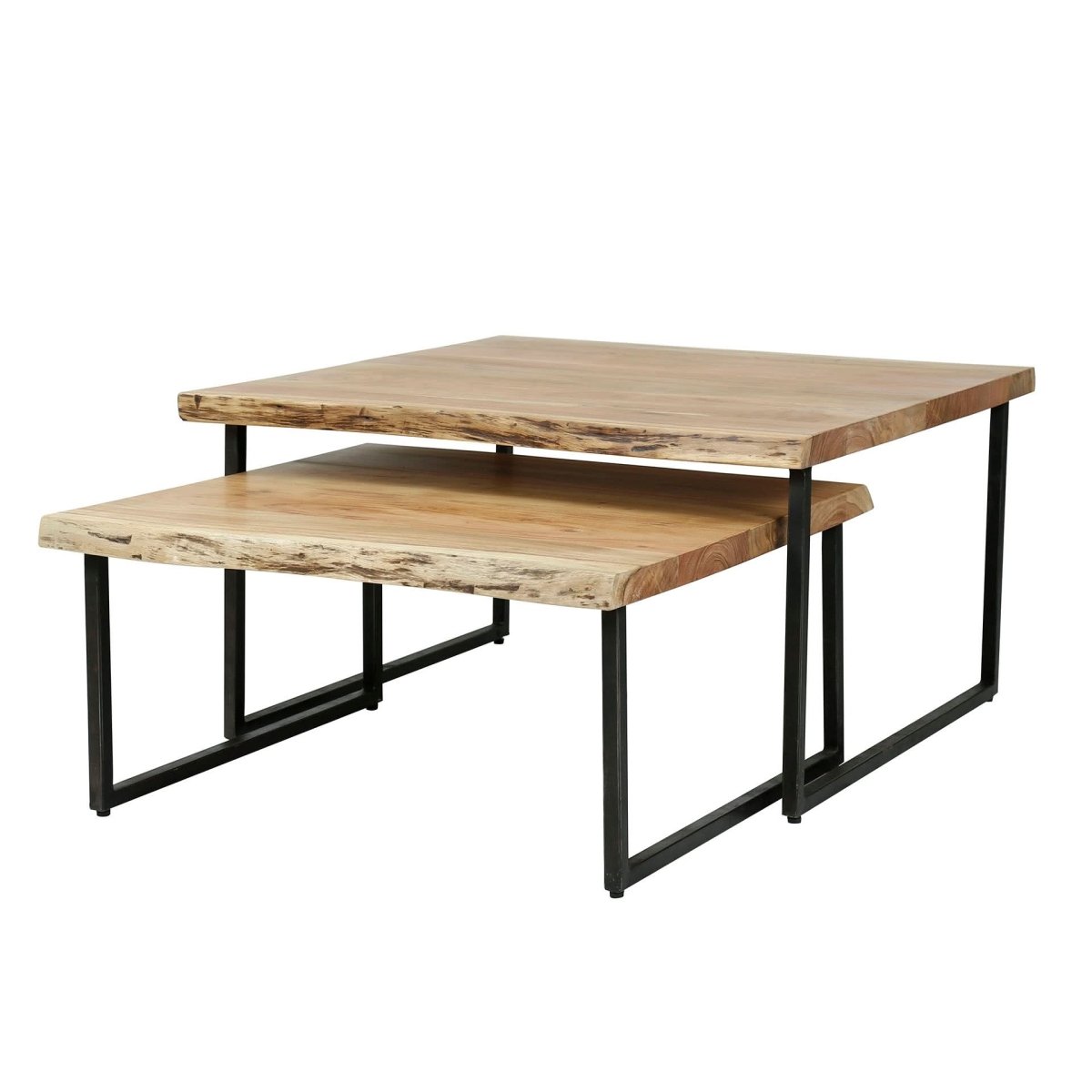 Couchtisch-Set 2-teilig aus Akazienholz mit schwarzem Metallrahmen – 80 x 80 x 45 cm, Live-Edge Oberfläche 2
