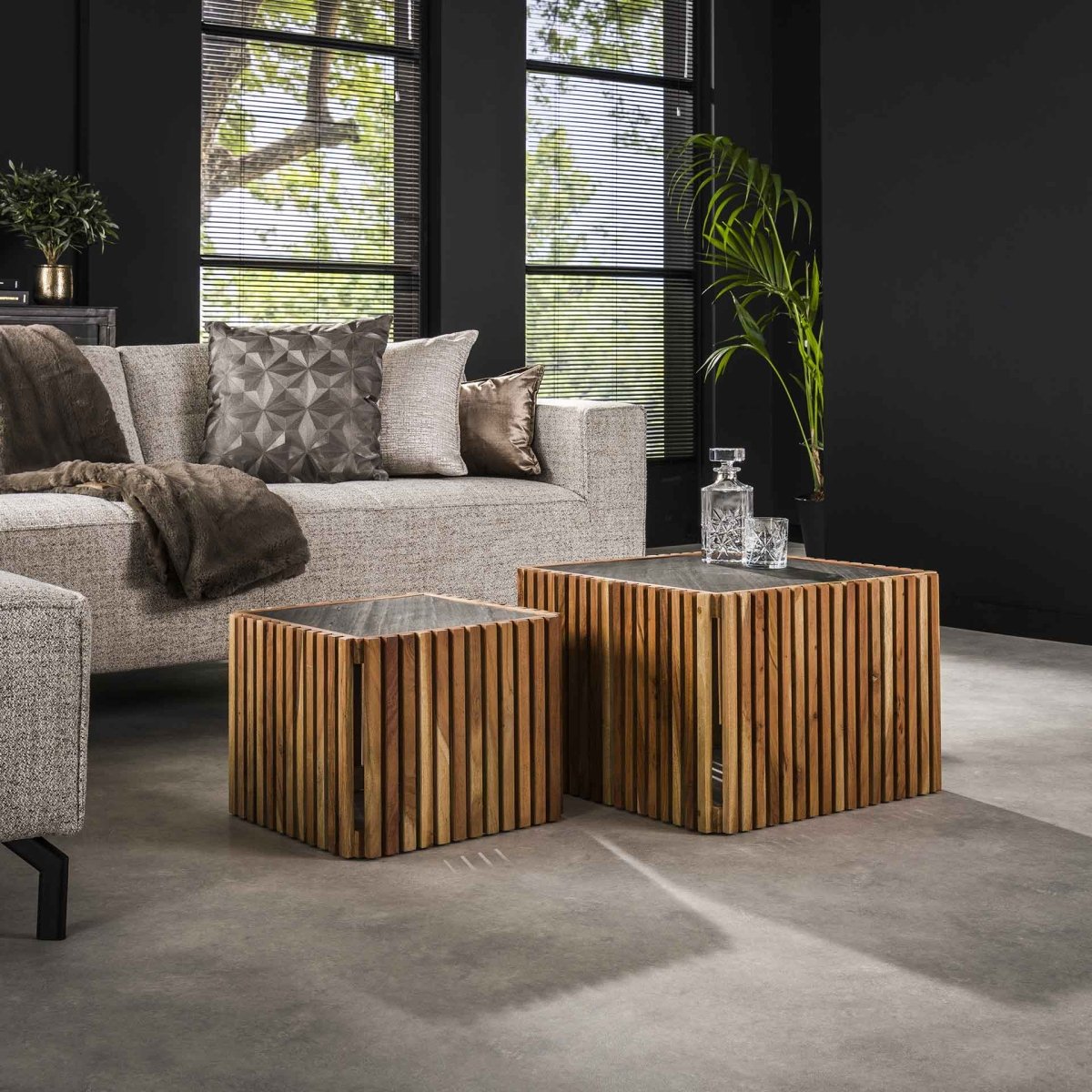 Couchtisch Set 2er aus Schiefer und Akazienholz – 58 x 58 cm, Höhe 40 cm, modern und stabil 0