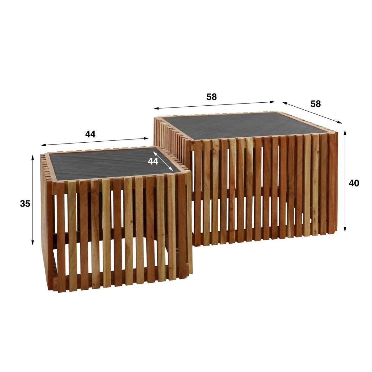 Couchtisch Set 2er aus Schiefer und Akazienholz – 58 x 58 cm, Höhe 40 cm, modern und stabil 3