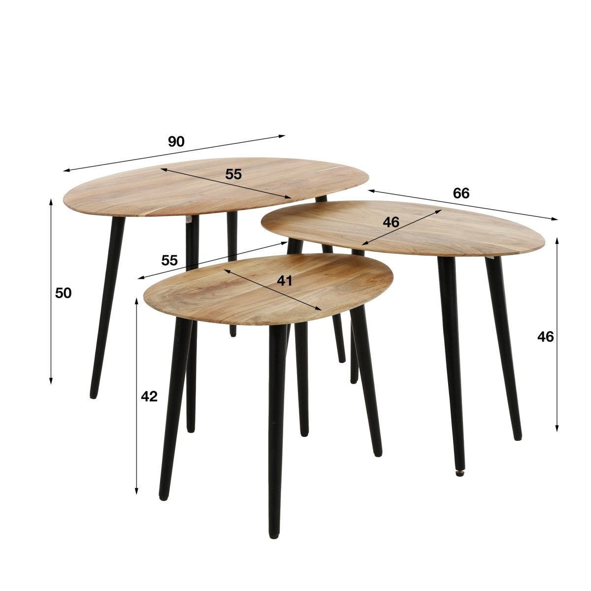 Couchtisch Set 3er aus Massivem Akazienholz – Natur, Größte Tisch 90 x 55 cm, Stabile Metallbeine 5