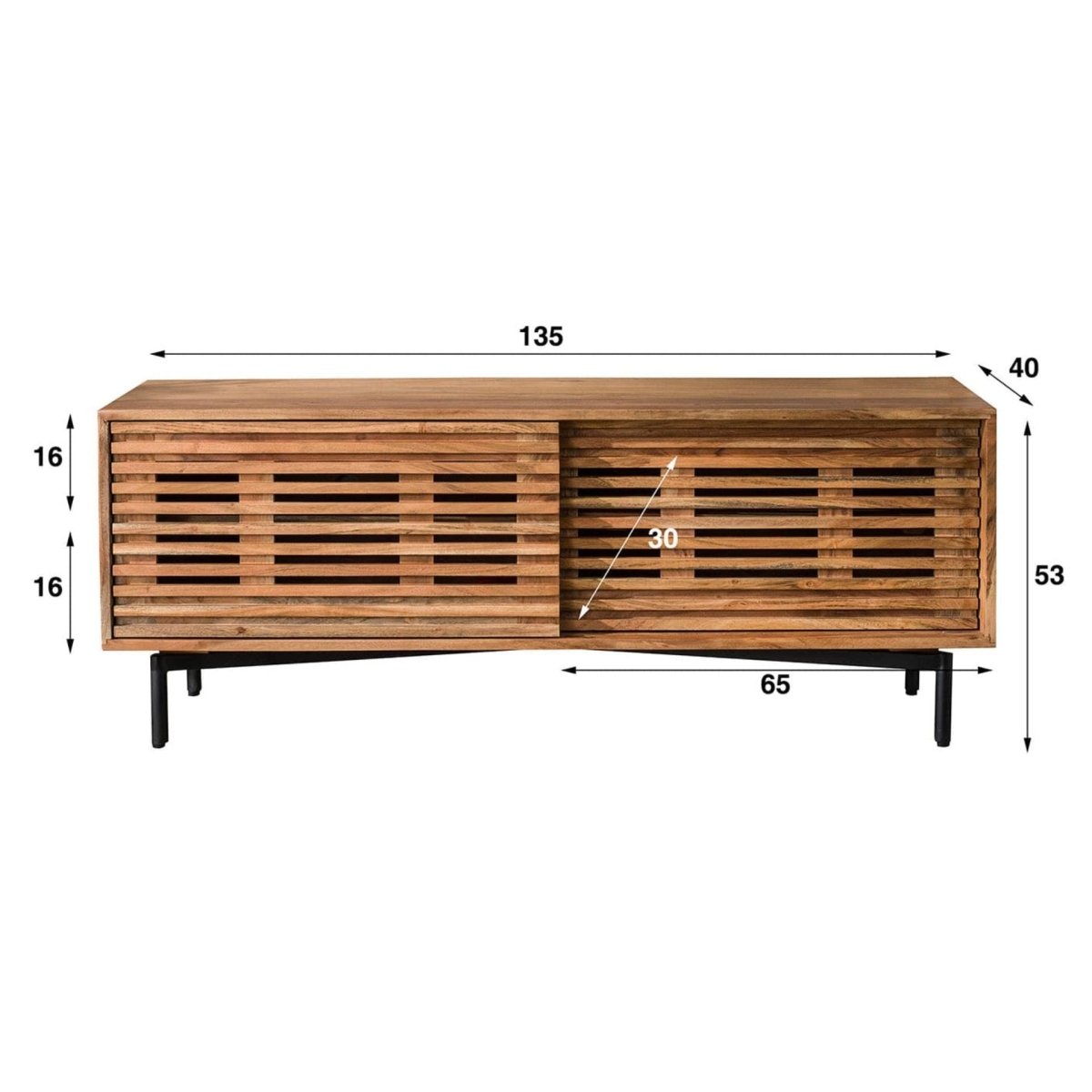 TV-Lowboard aus Massivholz Akazie 135 x 40 x 53 cm mit 2 Schiebetüren – Modernes TV Board mit Stauraum und Lamellenoptik 3