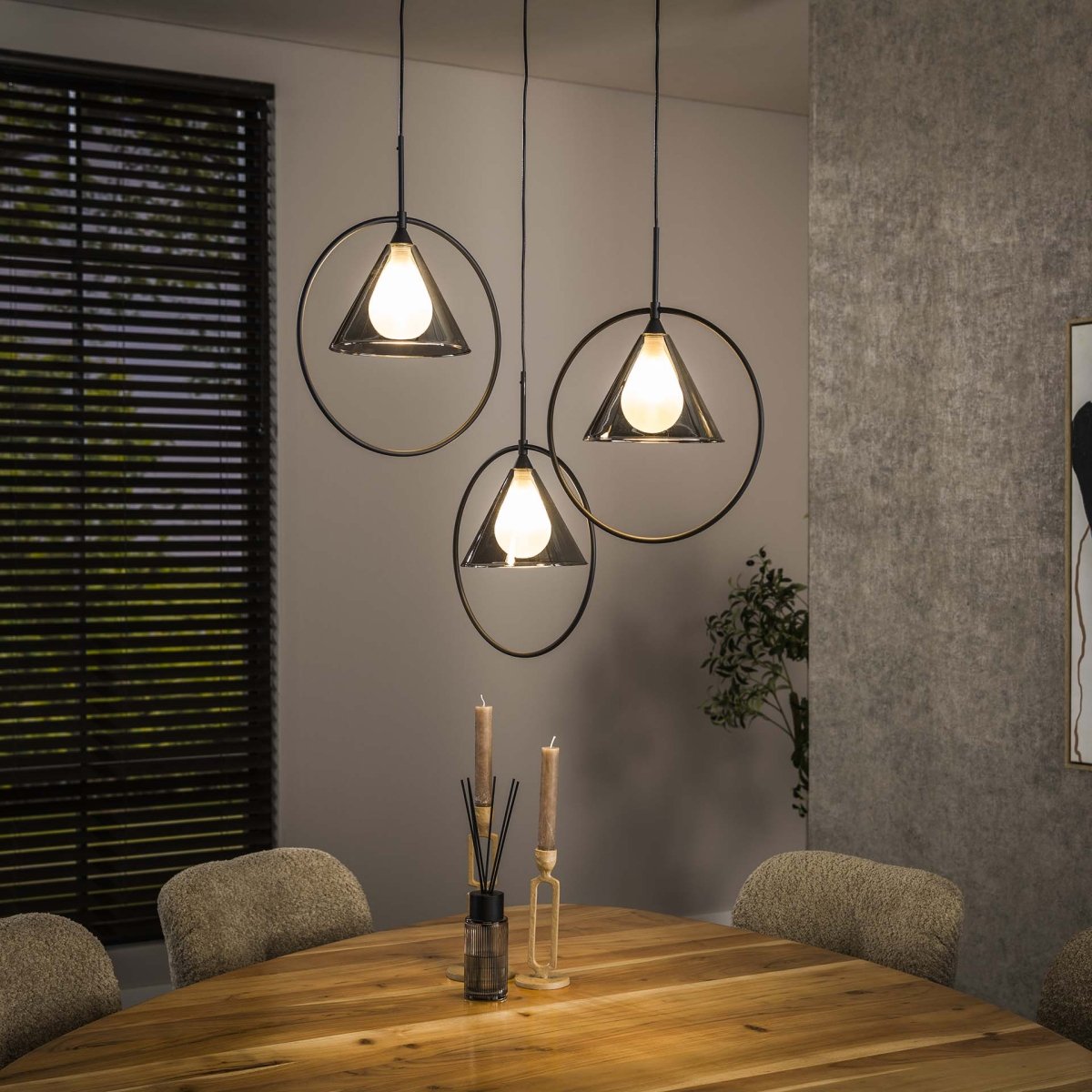 Hängelampe 3-flammig mit verstellbaren Rauchglasschirmen – Höhe bis 180 cm, Metallringe für modernes Wohndesign 0
