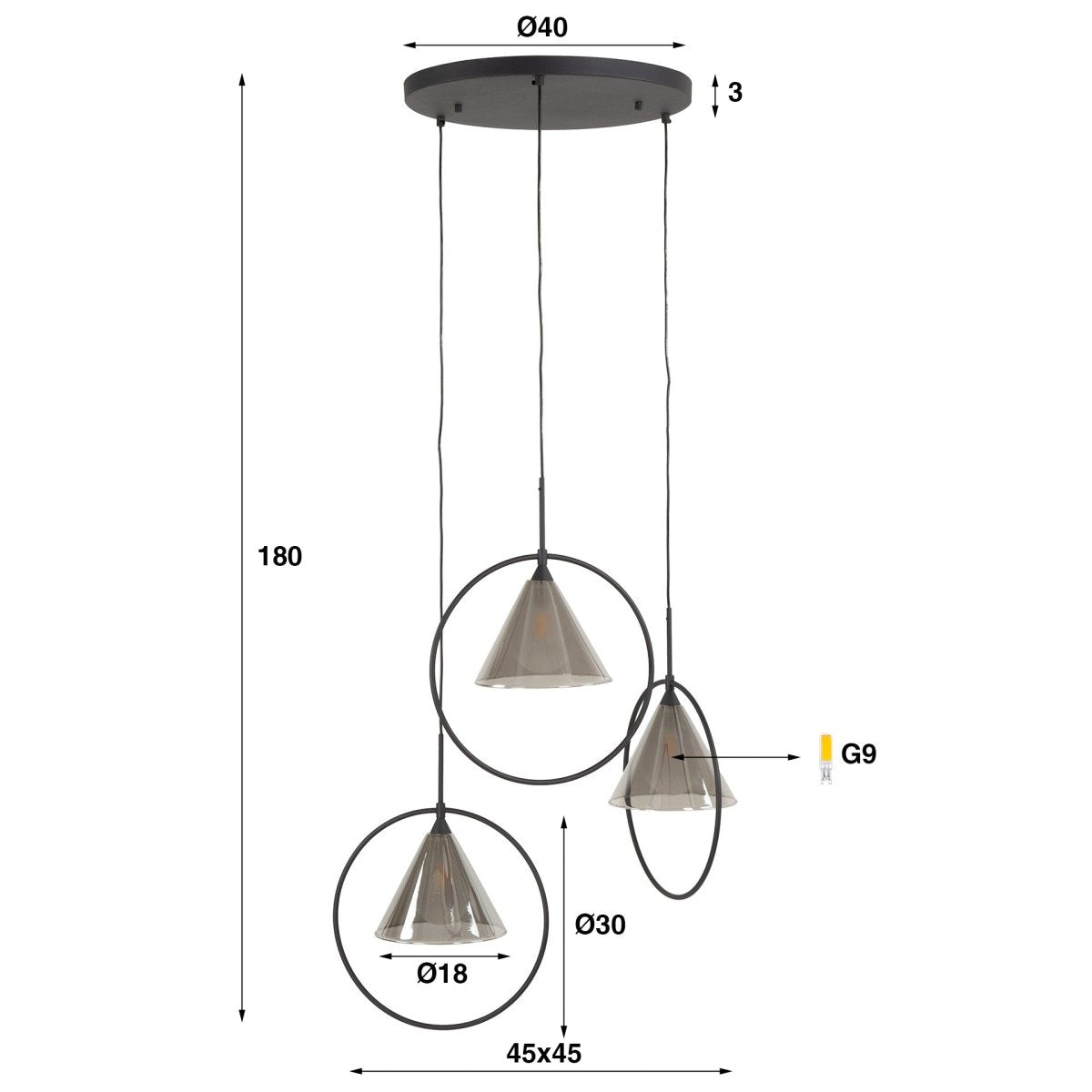 Hängelampe 3-flammig mit verstellbaren Rauchglasschirmen – Höhe bis 180 cm, Metallringe für modernes Wohndesign 3