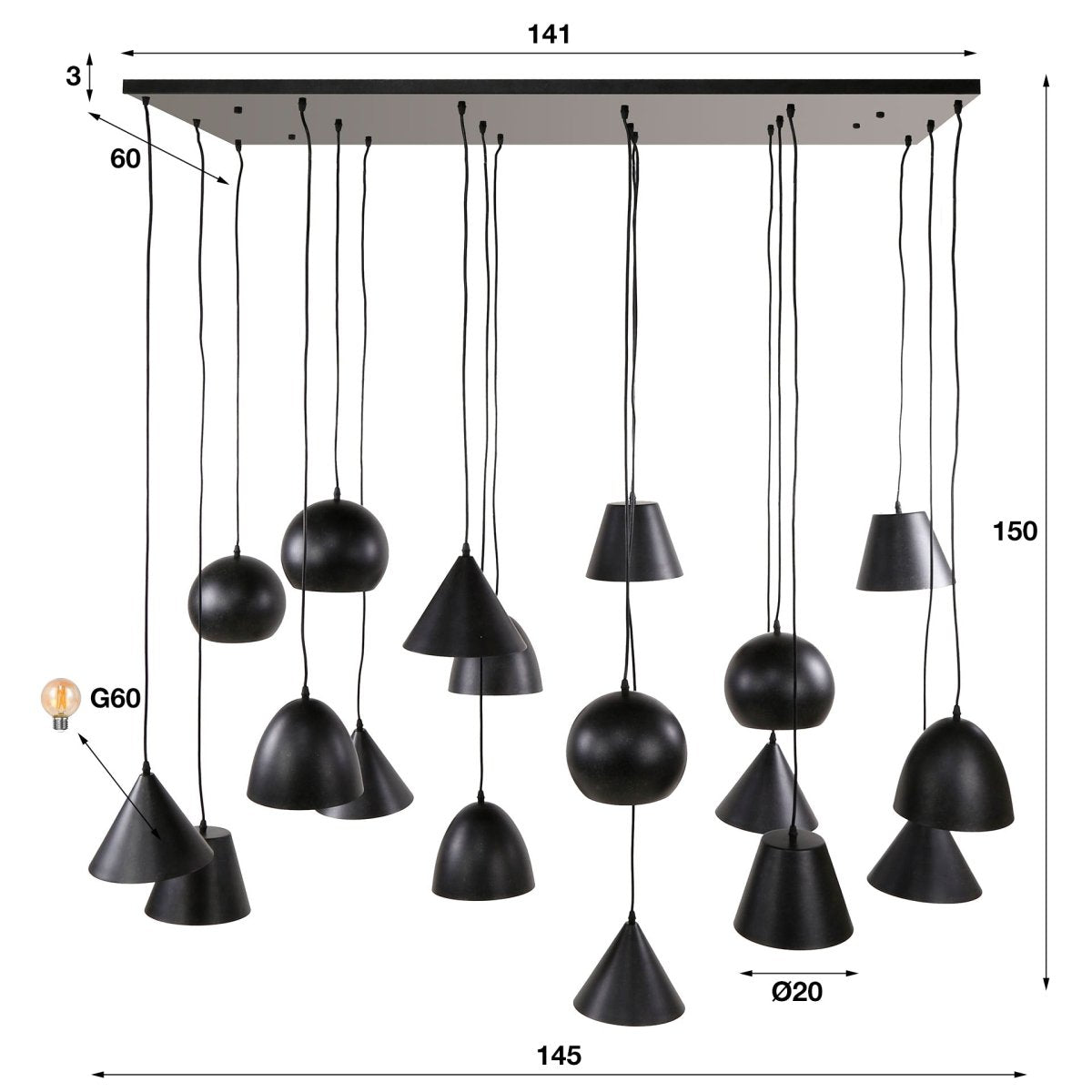 Hängelampe Schwarz 1,45 m Breite mit 18 verstellbaren Schirmen aus Metall – Moderne Pendelleuchte für große Räume 4