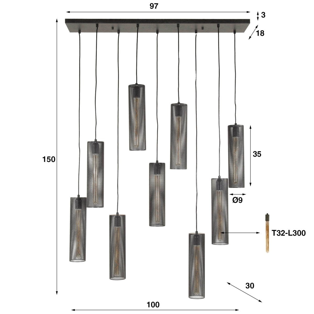 Hängelampe Schwarz 9L aus Metall mit verstellbarem Schirm – IP20, Höhe bis 150 cm, für E27 LED-Leuchtmittel 4