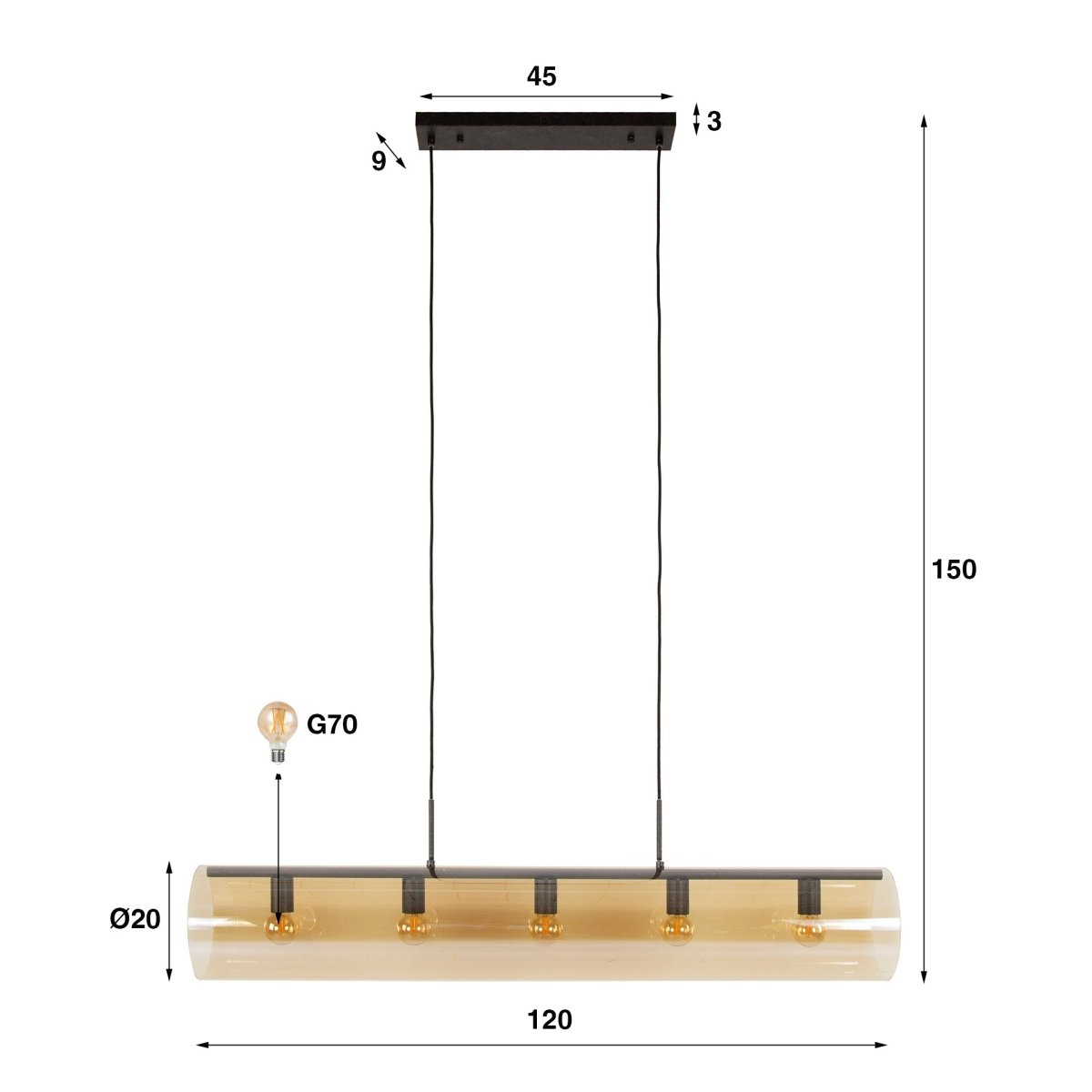 Hängelampe Schwarz mit Glas, Verstellbar bis 150 cm, Ø 20 cm, E27 Fassung – Moderne Pendelleuchte für Stilvolle Innenräume 5