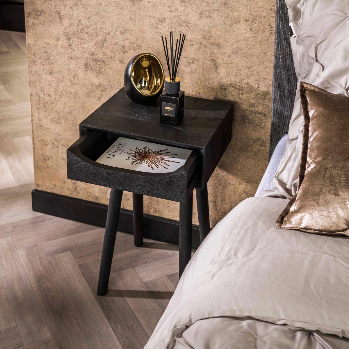 Nachttisch Schwarz 35 x 35 x 55 cm aus Massivem Akazienholz mit Schublade – Praktische Stauraumlösung für Schlafzimmer 2