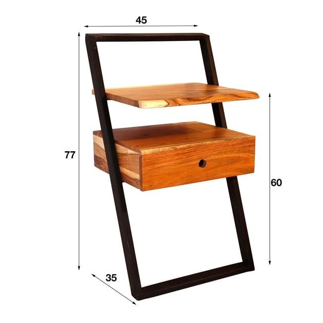 Nachttisch aus Akazienholz mit 1 Schublade – Industrieller Stil, Platzsparendes Design, Metallrahmen 3