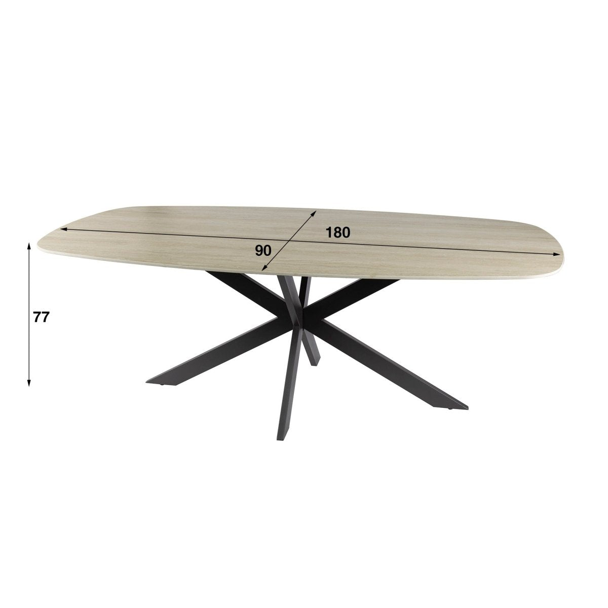 Ovaler Esstisch 180 x 90 cm aus 3D-Keramik in Travertinoptik – Spinnengestell mit abgerundeten Kanten 2