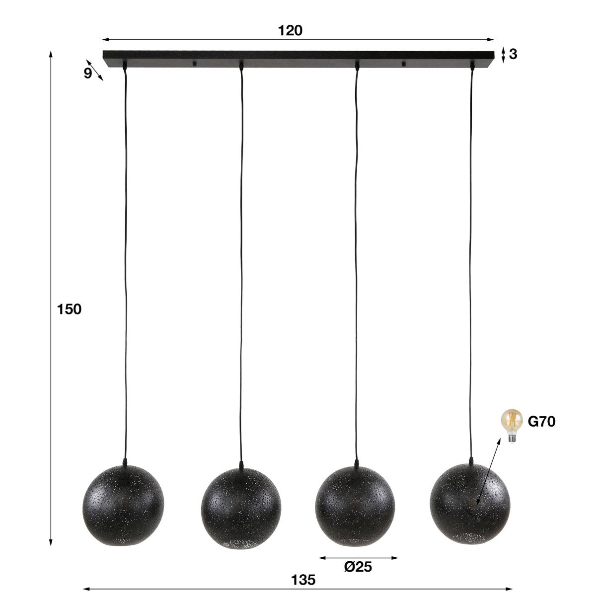 Pendelleuchte Schwarz 4-flammig Ø25 cm Höhenverstellbar bis 150 cm – Moderne Hängelampe aus Metall für stilvolle Beleuchtung 5