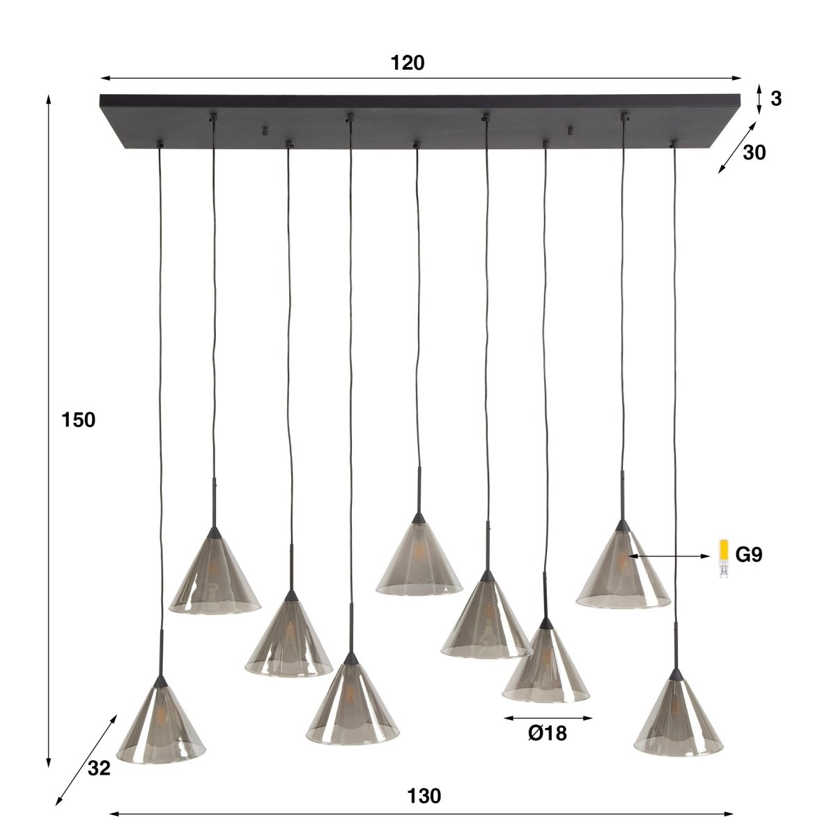 Pendelleuchte Schwarz mit 7 Höhenverstellbaren Rauchglas-Schirmen – Ø 18 cm, bis 150 cm Höhenverstellbar für Elegante Beleuchtung 5
