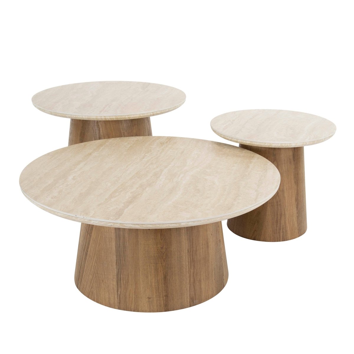 Runder Couchtisch-Set 3-teilig 80 x 80 cm aus Holz mit Keramikplatte in Travertin-Optik – Stabiler Wohnzimmertisch 3