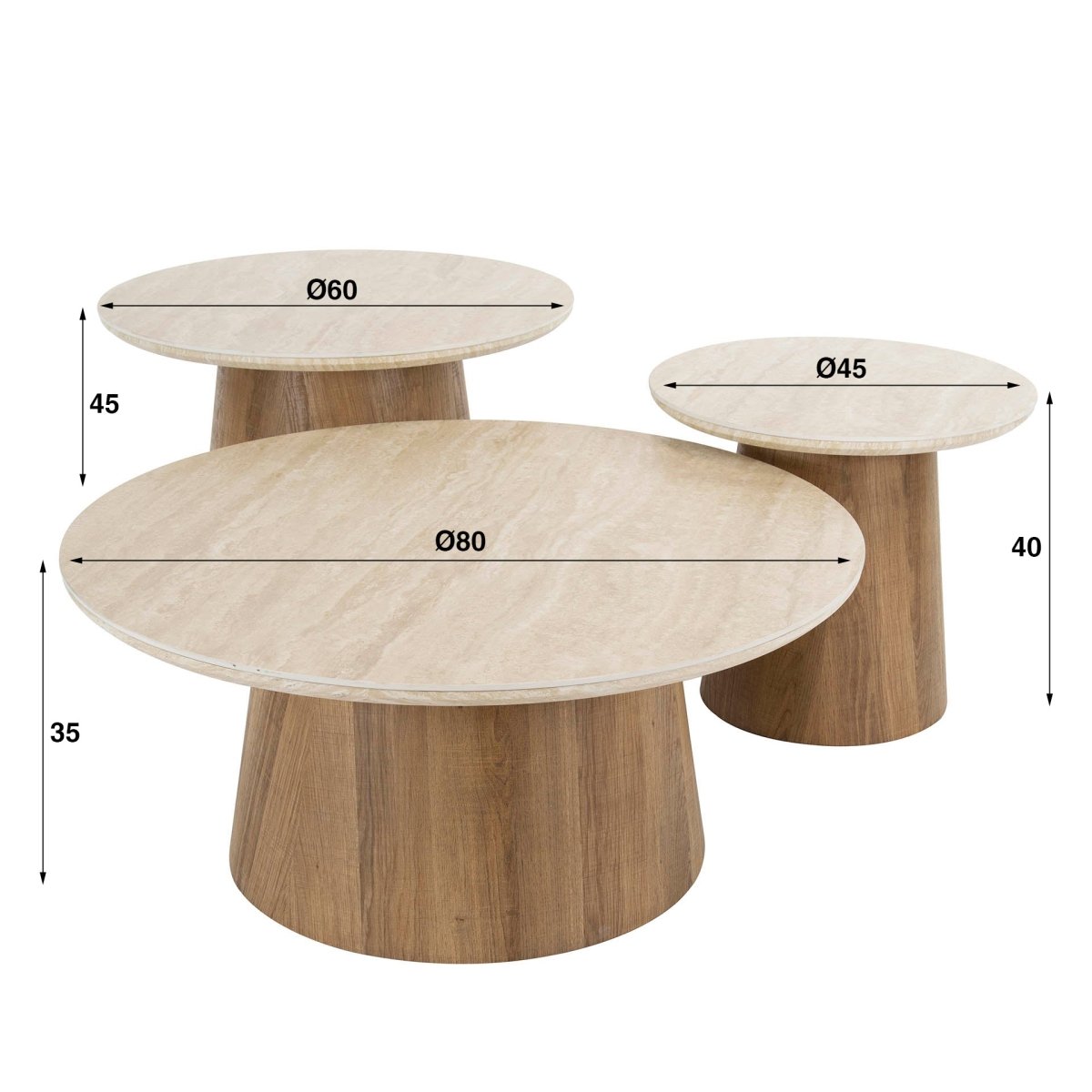 Runder Couchtisch-Set 3-teilig 80 x 80 cm aus Holz mit Keramikplatte in Travertin-Optik – Stabiler Wohnzimmertisch 4