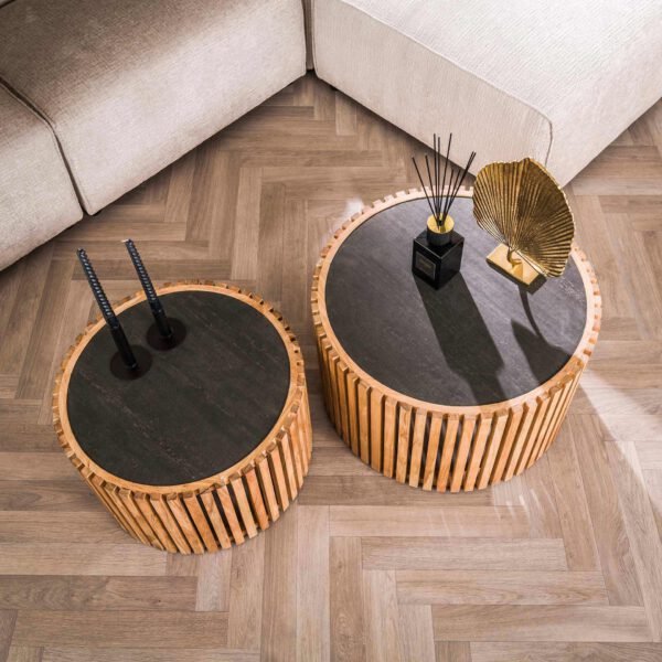 Runder Couchtisch aus Schiefer und Akazienholz – Set mit 68 cm und 55 cm Durchmesser für Wohnzimmer 1