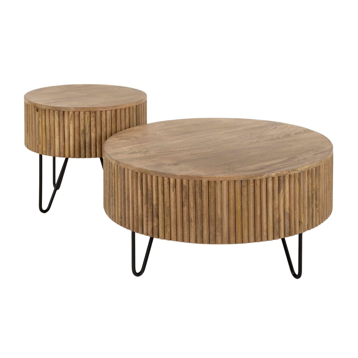 Rundes Couchtisch-Set aus Mangoholz – 2 Tische 50 cm & 80 cm Durchmesser in Wellenform für modernes Wohnen 2