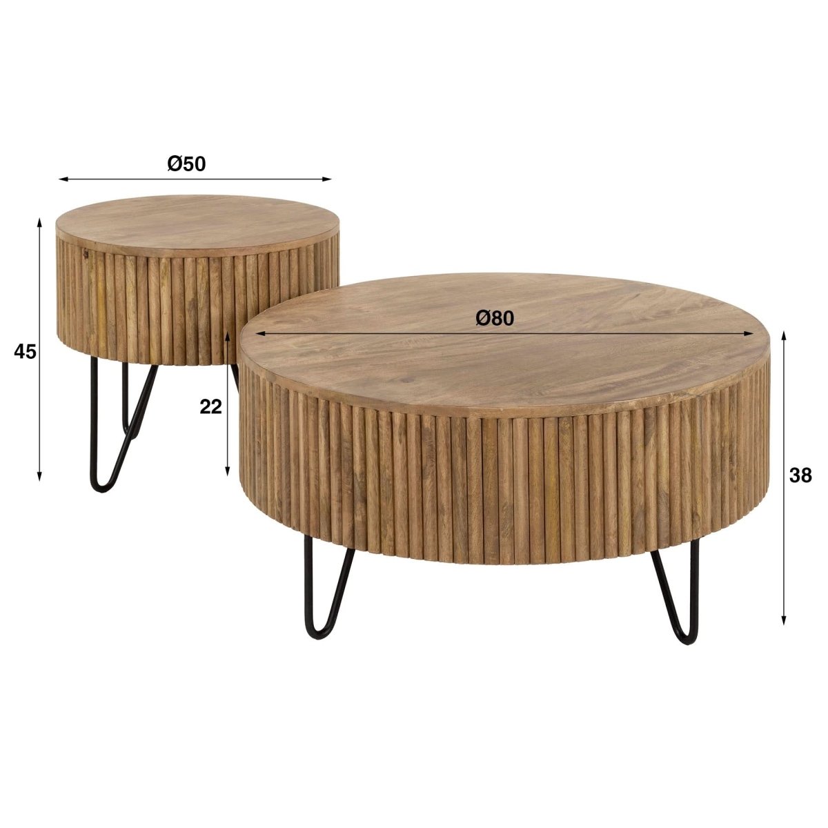 Rundes Couchtisch-Set aus Mangoholz – 2 Tische 50 cm & 80 cm Durchmesser in Wellenform für modernes Wohnen 3