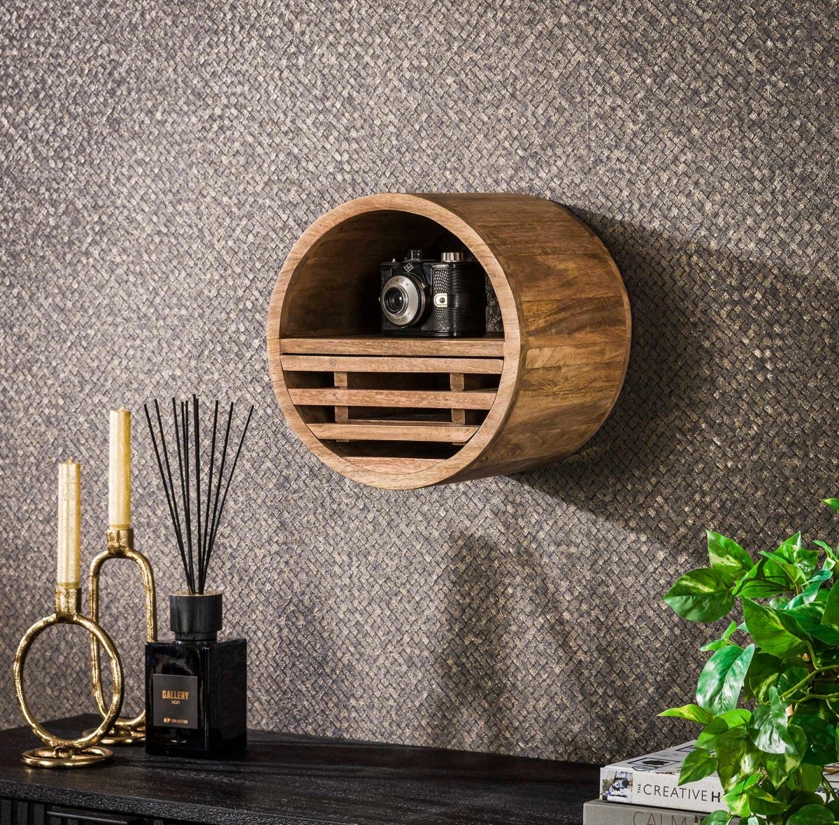 Rundes Wandregal aus Mangoholz mit Schublade in Sandfarbe Ø30-50 cm – Flexibles Wandregal für kreative Gestaltung 0