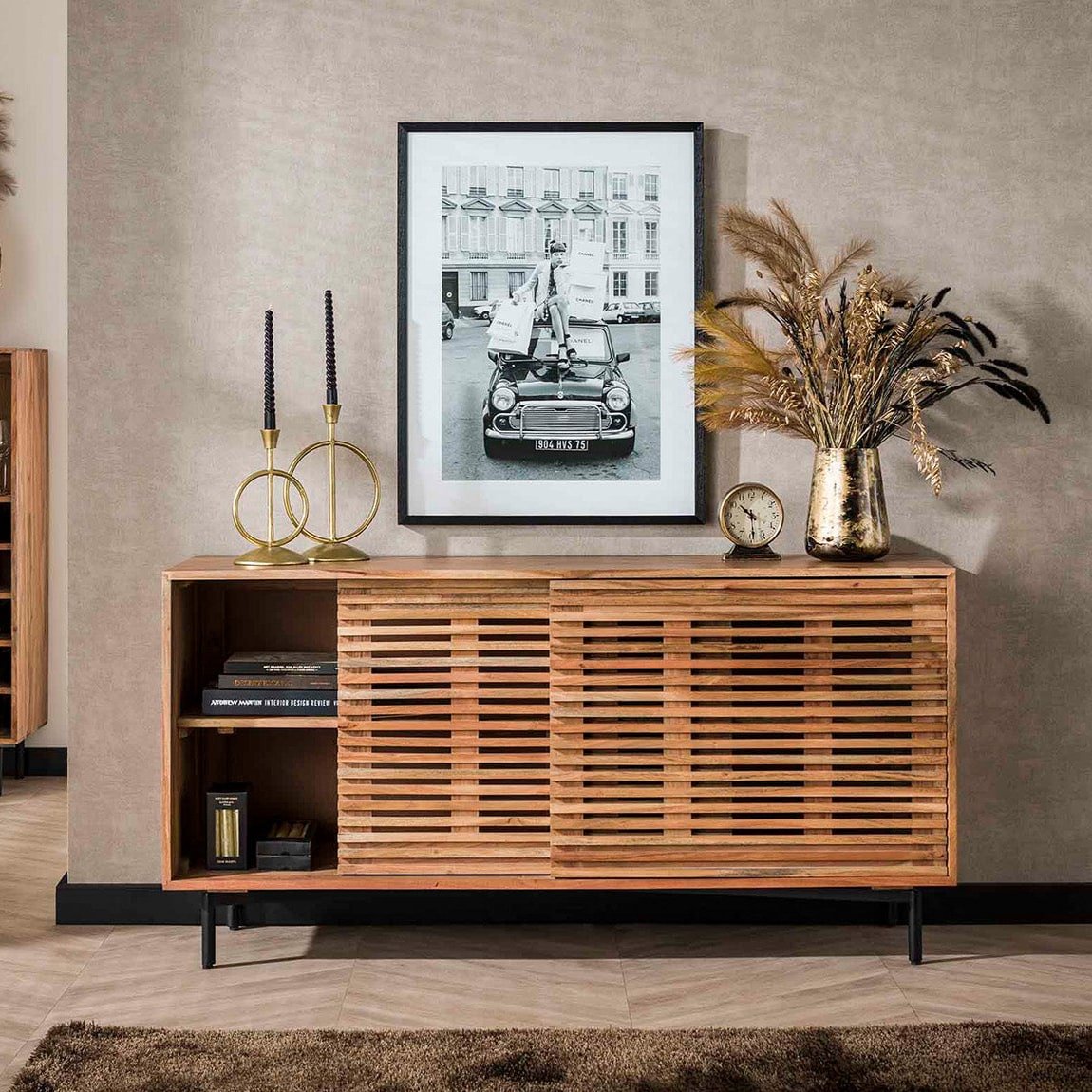 Slide Sideboard aus Akazienholz mit 2 Schiebetüren und Modernem Design, 150x45x76 cm, Robustes Massivholz 2