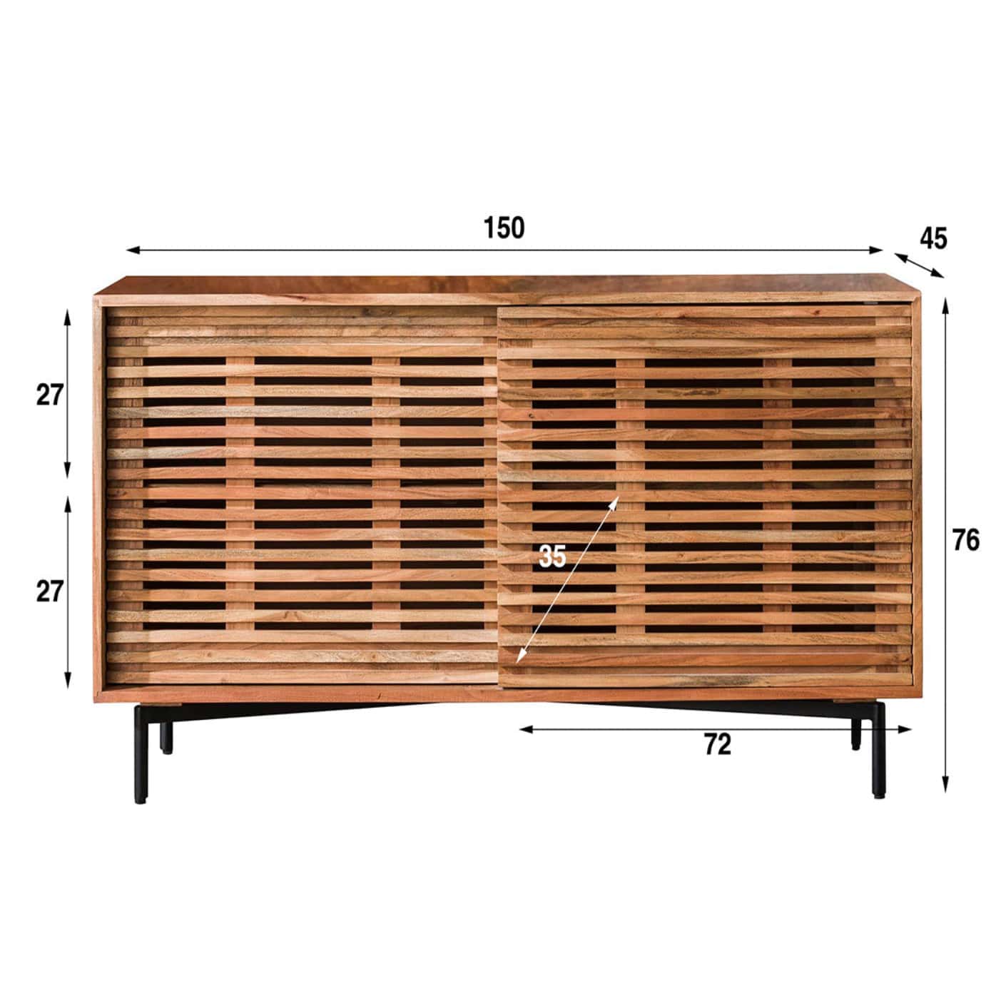 Slide Sideboard aus Akazienholz mit 2 Schiebetüren und Modernem Design, 150x45x76 cm, Robustes Massivholz 4