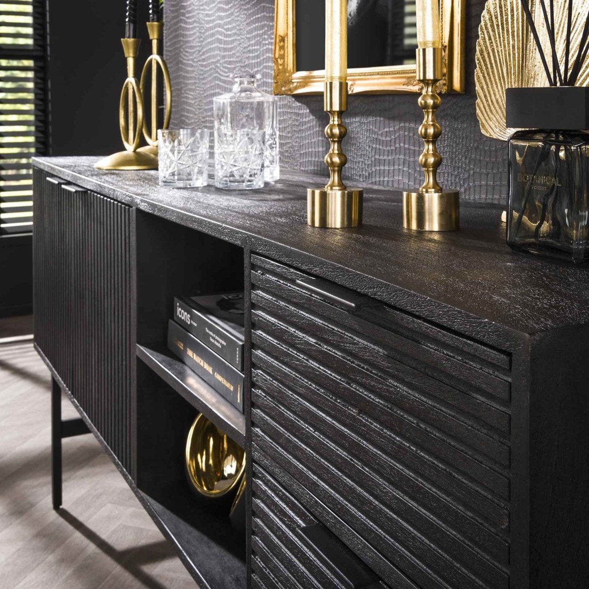 Stylisches Sideboard aus Mangoholz Schwarz mit 2 Türen und 2 Schubladen, 170x40x80 cm, Industrieller Stil 2