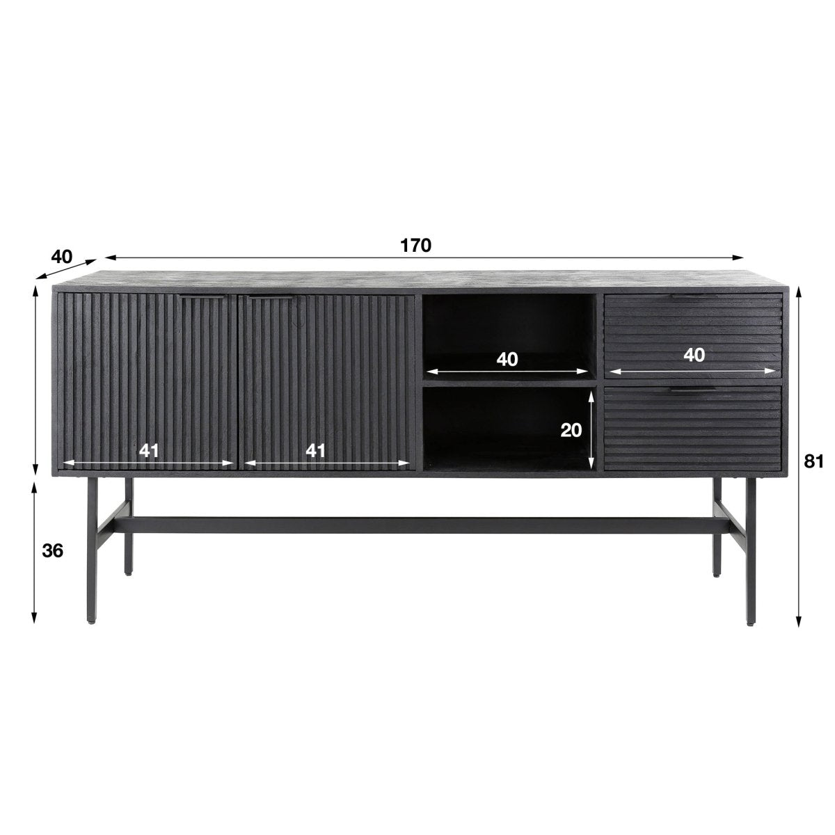 Stylisches Sideboard aus Mangoholz Schwarz mit 2 Türen und 2 Schubladen, 170x40x80 cm, Industrieller Stil 5