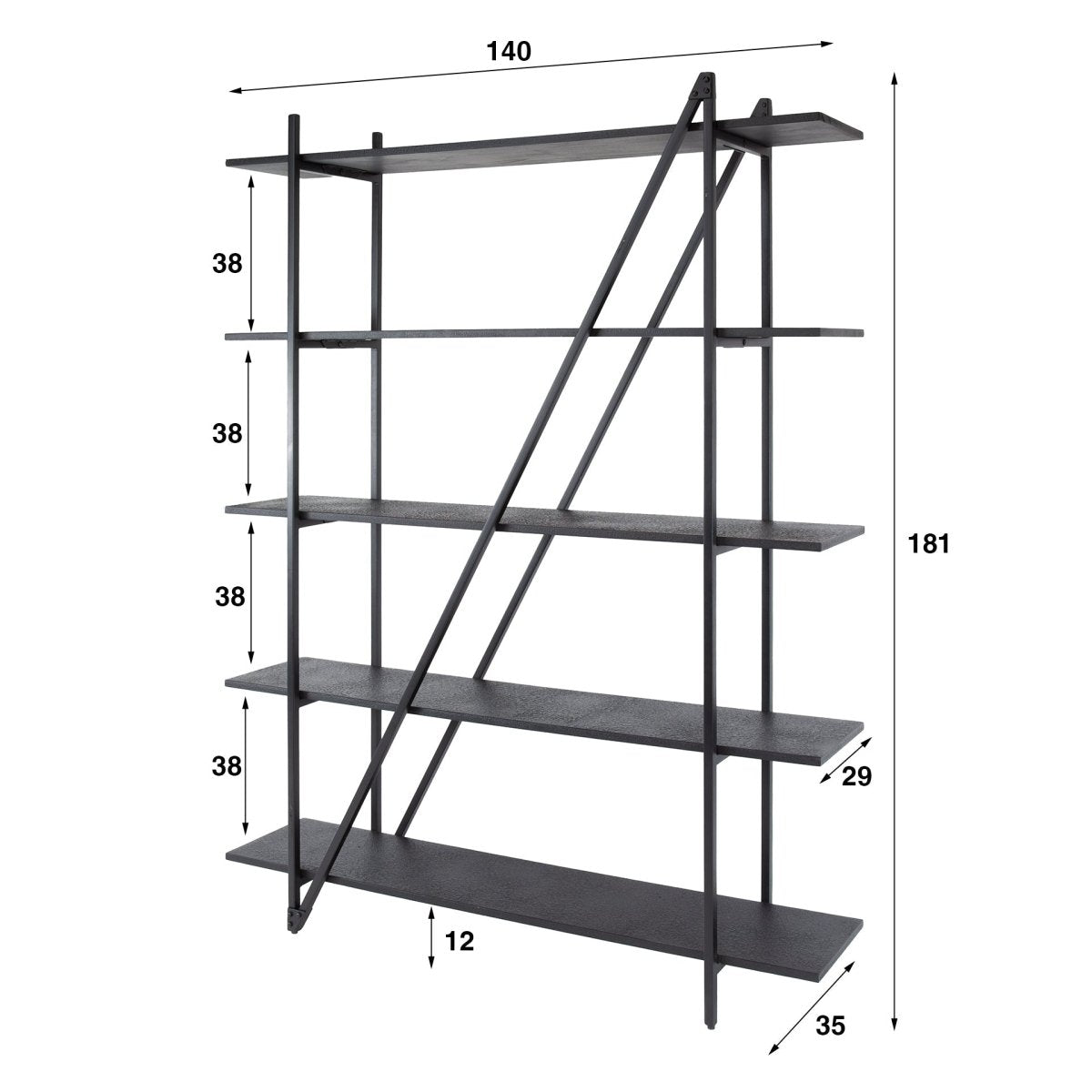 Wandregal 5-lagig 140 cm aus grauem Metall – Industrielles Design für Bücher und Dekoration 5