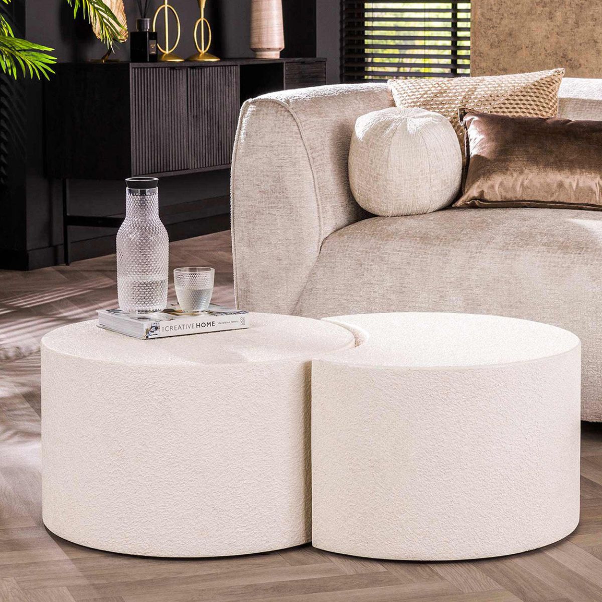 Rundes Couchtisch-Set 2er aus Marmorverbundstoff – Vollmond 60 cm, Halbmond 60 x 41 cm für Wohnzimmer 0