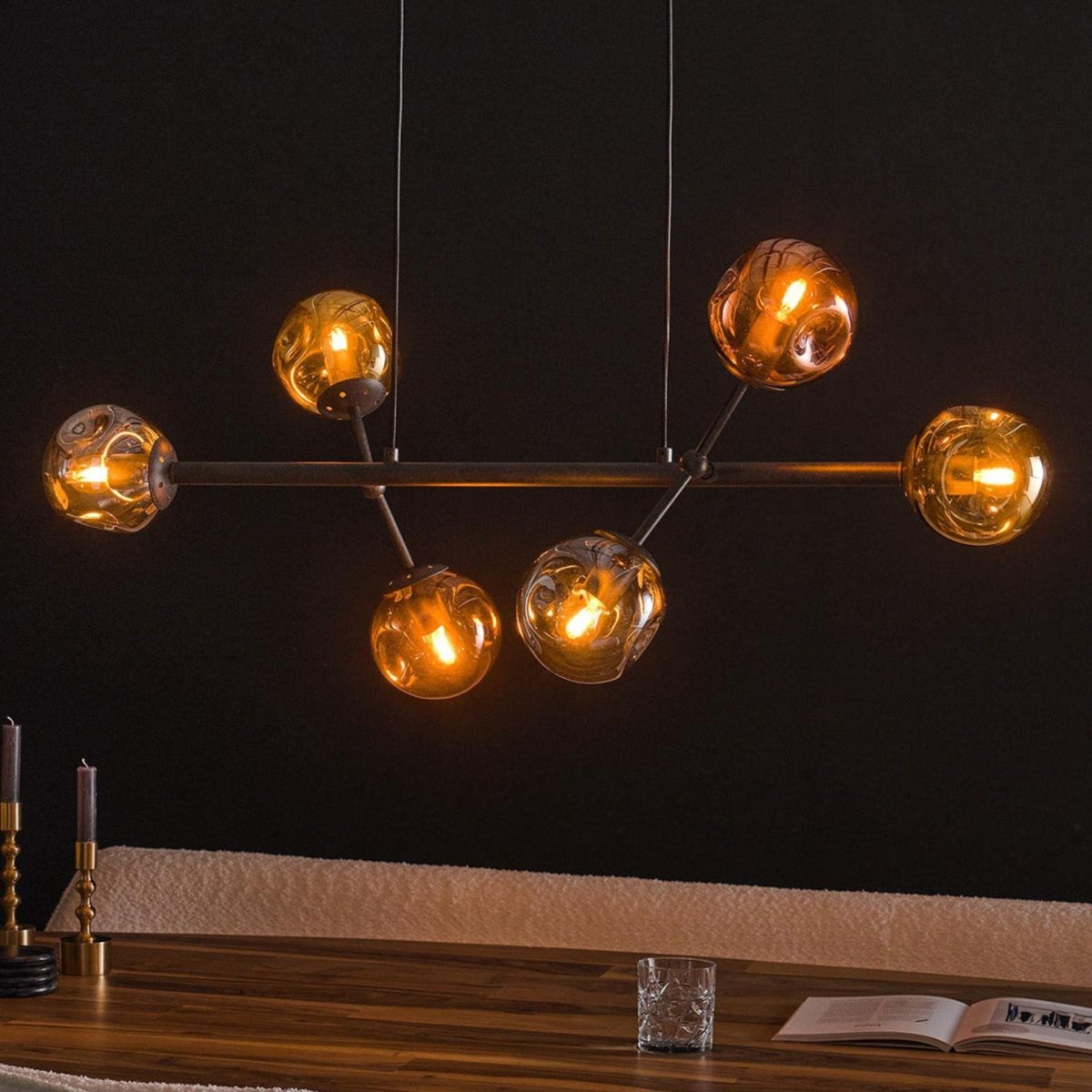 Hängelampe Schwarz 6-flammig Höhenverstellbar bis 150 cm aus Metall und Glas für Esszimmer und Wohnzimmer 1