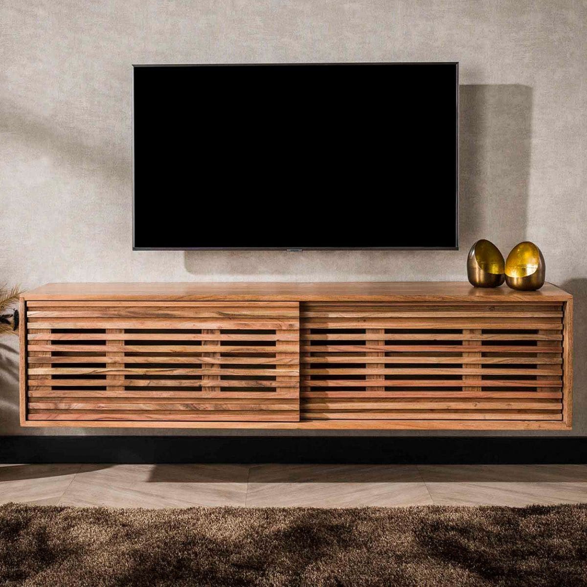 TV Lowboard 150 x 40 x 37 cm aus massivem Akazienholz mit 2 Schiebetüren – Modernes Design, Wandmontage möglich 1