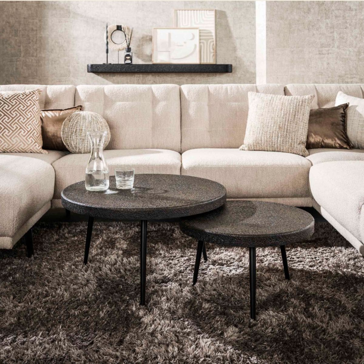 2-teiliges Couchtisch-Set rund Ø74/Ø55 cm mit flüssigem Metall-Finish in Bronzeoptik – moderne Beistelltische mit Metallgestell 1