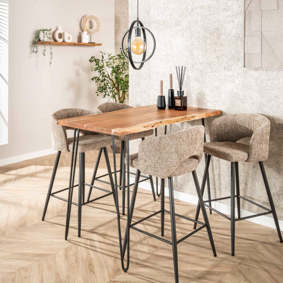 Stehtisch aus Akazienholz mit Metallgestell – Bartisch 130 x 70 cm für Küche oder Essbereich, natürlich geformte Tischplatte