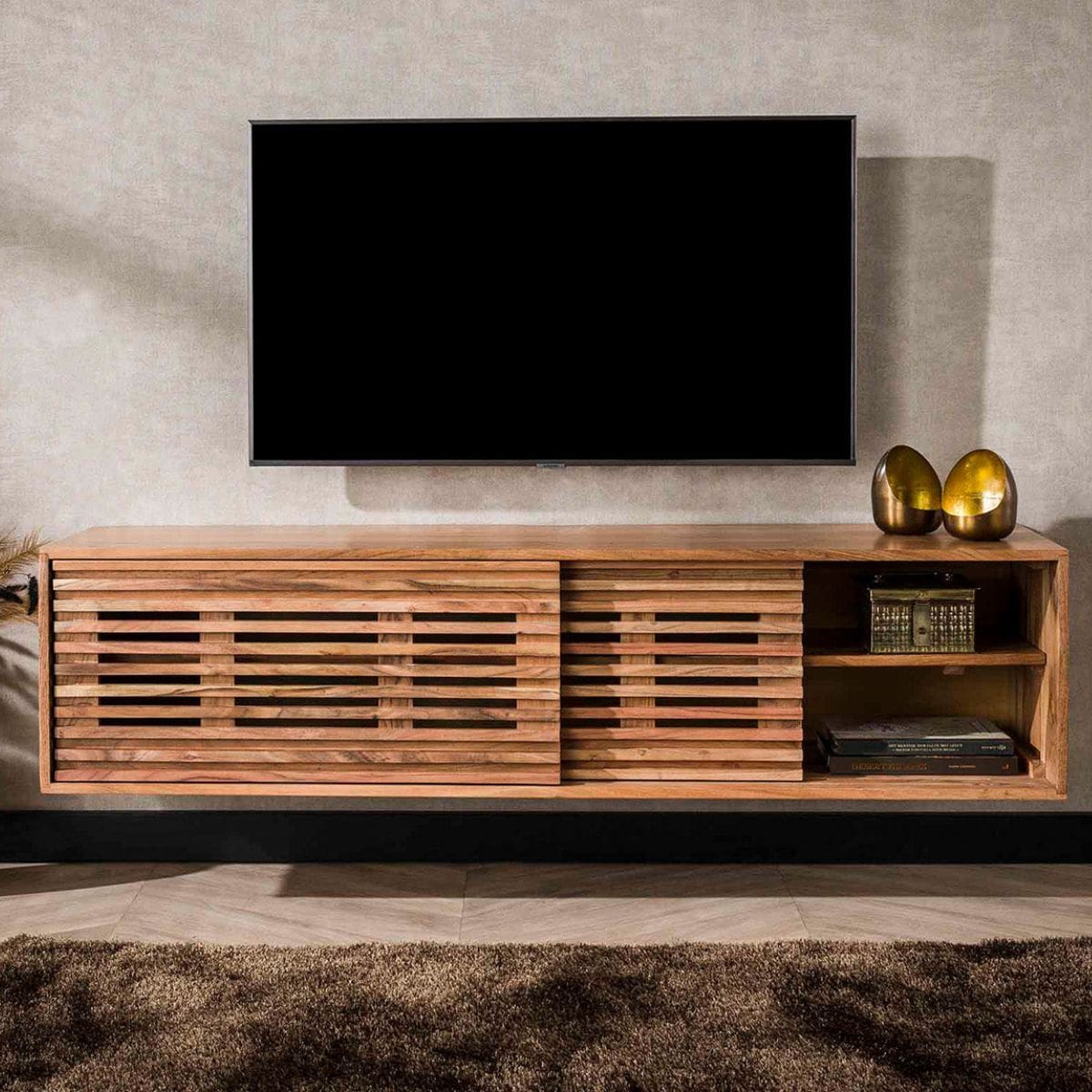 TV Lowboard 150 x 40 x 37 cm aus massivem Akazienholz mit 2 Schiebetüren – Modernes Design, Wandmontage möglich 2