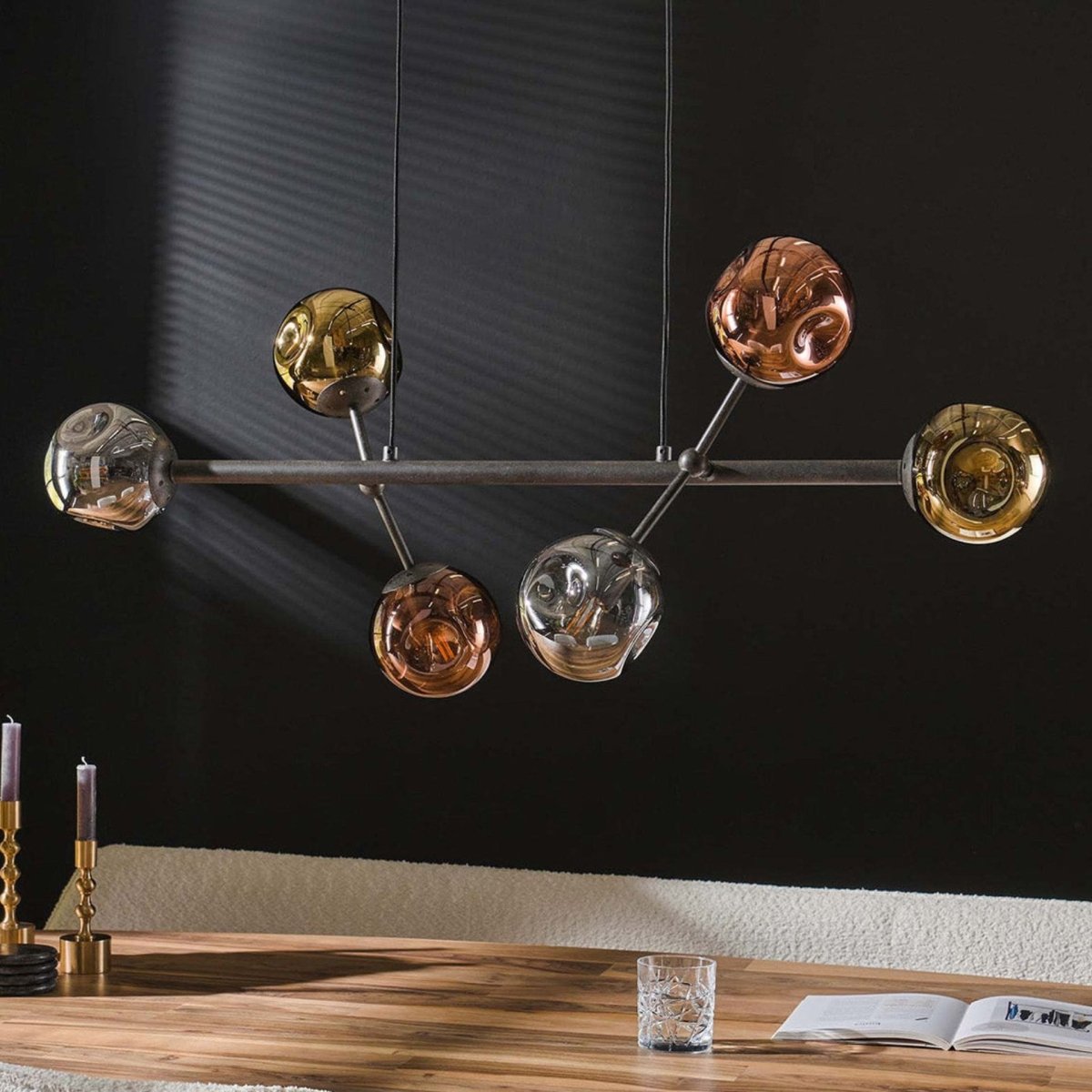 Hängelampe Schwarz 6-flammig Höhenverstellbar bis 150 cm aus Metall und Glas für Esszimmer und Wohnzimmer 2