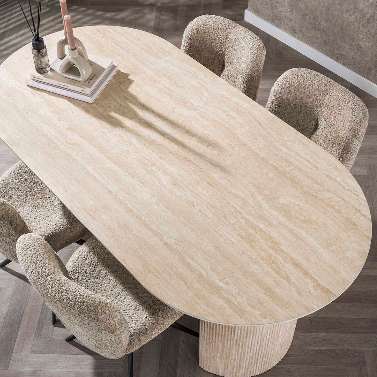 Ausziehbarer Esstisch 180 cm aus Keramik – Travertin-Optik, für 6 Personen, modernes Design, abgerundete Kanten 0