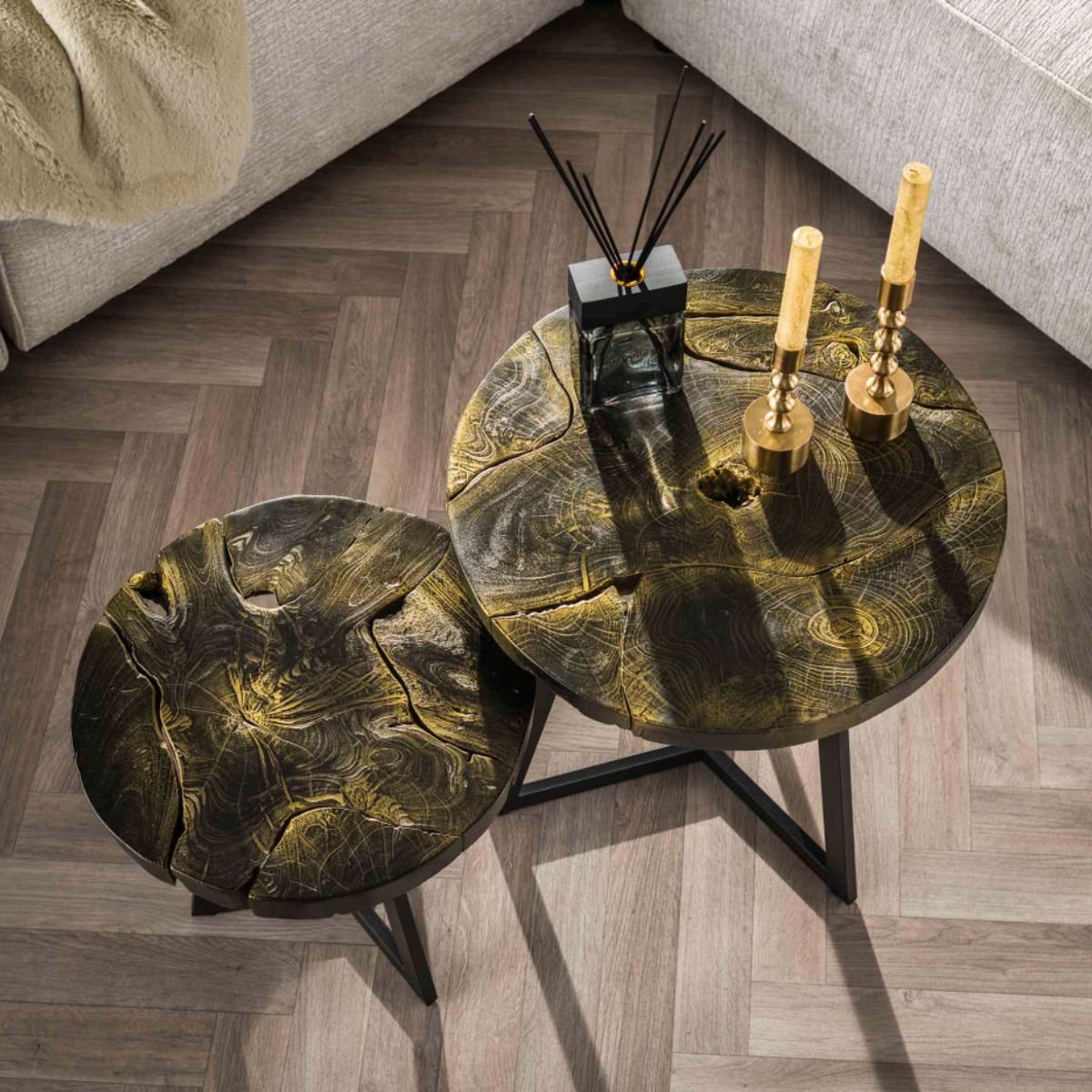 Runder Couchtisch 2er-Set mit Teakholzplatte Ø50/41 cm – Schwarz-goldene Tischplatten & Metallgestell 2