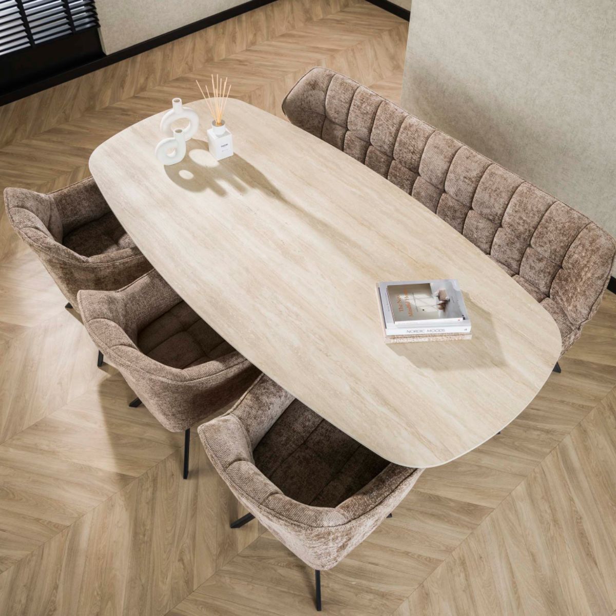 Travertin-Esstisch Romano Oval 215 cm – Keramikplatte & Spidergestell