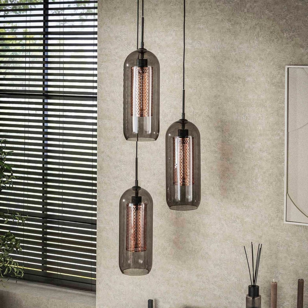 Hängelampe 3-flammig mit Rauchglas und Kupfergitterschirmen, Höhenverstellbar bis 180 cm – Moderne Pendelleuchte für Esstisch 1
