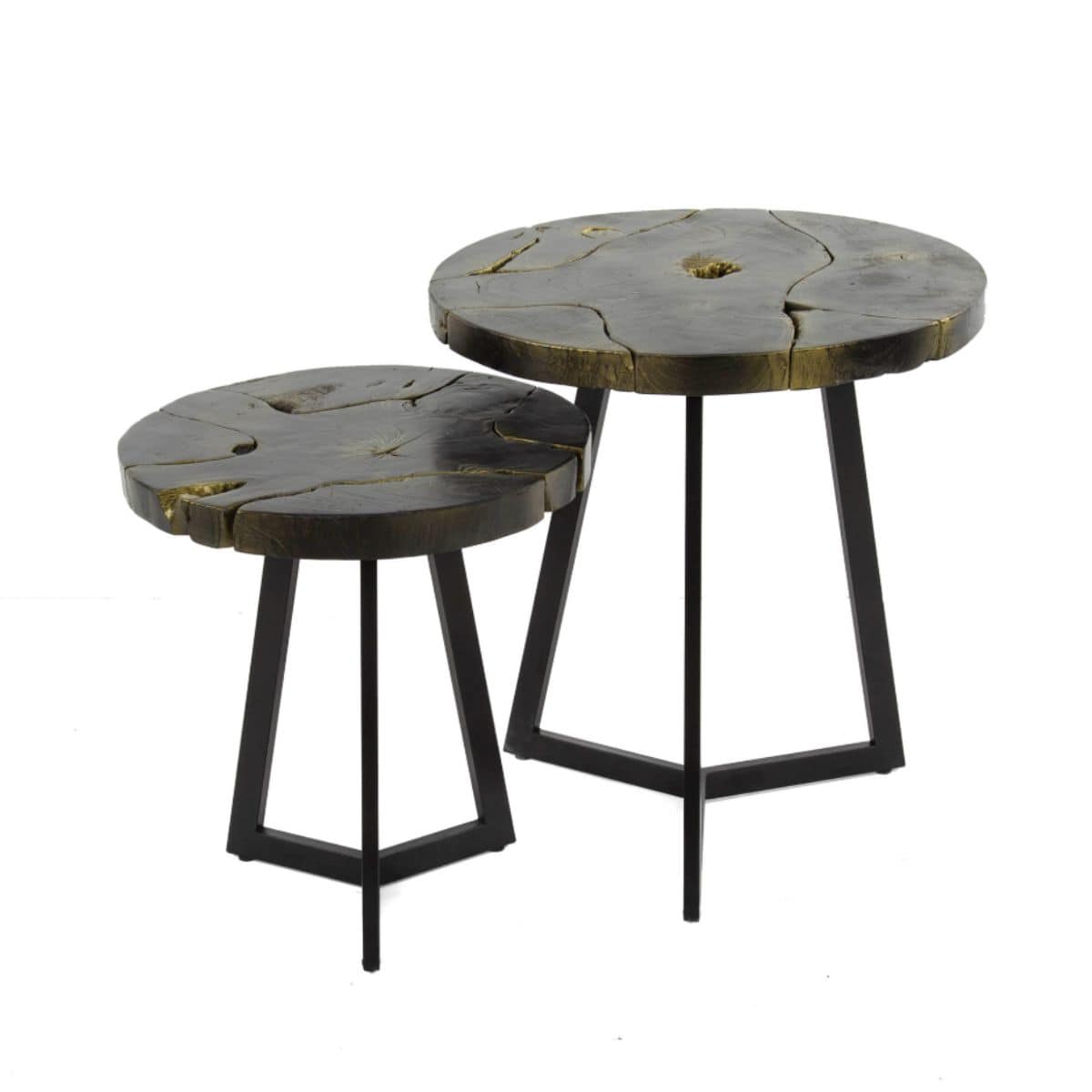 Runder Couchtisch 2er-Set mit Teakholzplatte Ø50/41 cm – Schwarz-goldene Tischplatten & Metallgestell 3